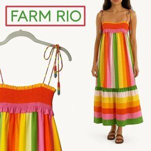 Farm Rio Midi Dress Rainbow Stripe Smocked Tiered S